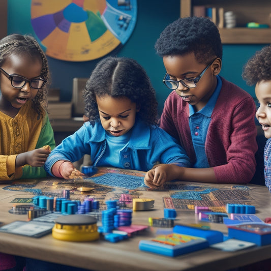 A colorful illustration of diverse kids aged 6-12 gathered around a table, playing a board game with coins, bills, and piggy banks, surrounded by calculators and charts.