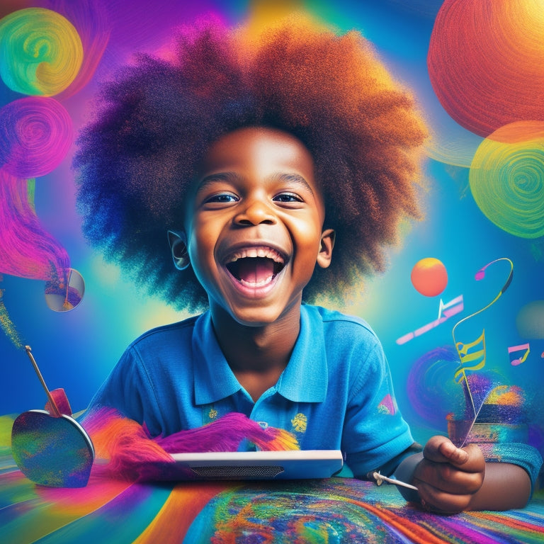 A vibrant, whimsical illustration of a smiling child surrounded by swirling shapes, colorful paintbrushes, and musical notes, with a laptop or tablet in the center, radiating creative energy.