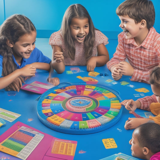 A colorful, vibrant illustration of 4th-grade students excitedly playing math games around a large, circular table, surrounded by calculators, dice, and math problem-filled worksheets.