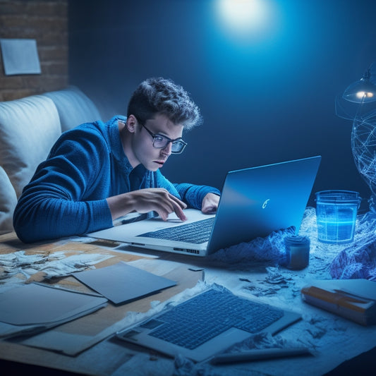 An illustration of a puzzled student surrounded by crumpled paper and broken pencils, with a glowing laptop in the center, displaying a solved math problem on its screen.