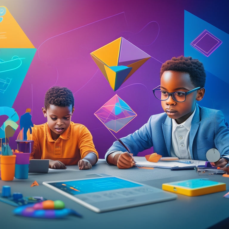 A colorful illustration of a young student surrounded by virtual math tools, including a tablet with interactive graphs, a virtual whiteboard with 3D shapes, and a robot assisting with problem-solving.