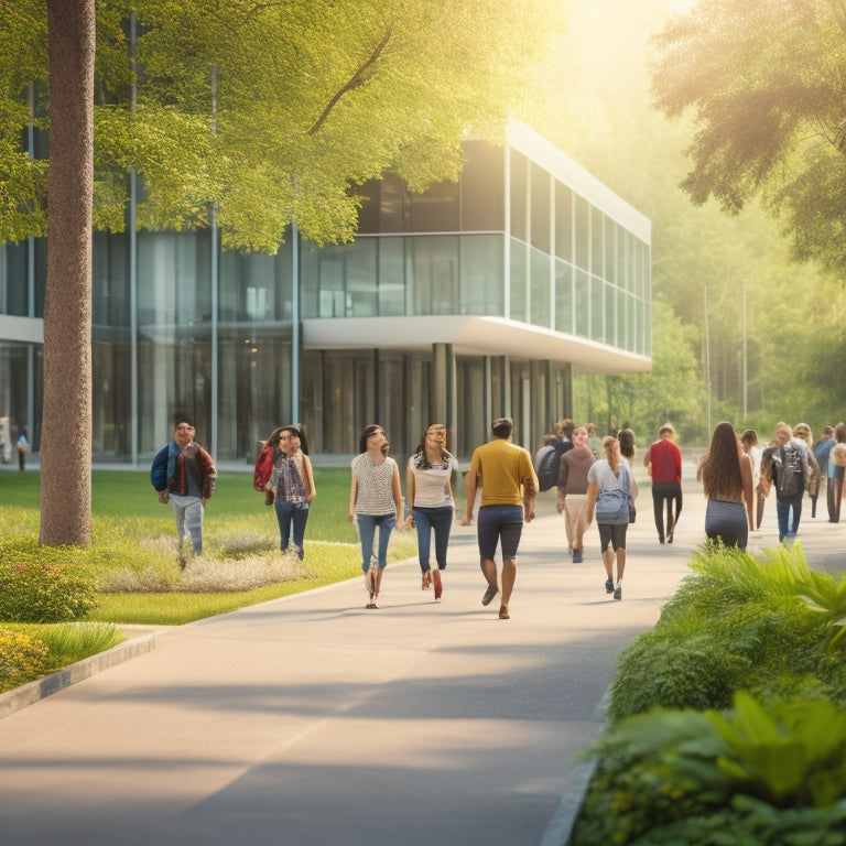 A bright, modern university building with a subtle gradient effect, surrounded by lush greenery, with a few students and faculty members walking in the background, conveying a sense of community and learning.