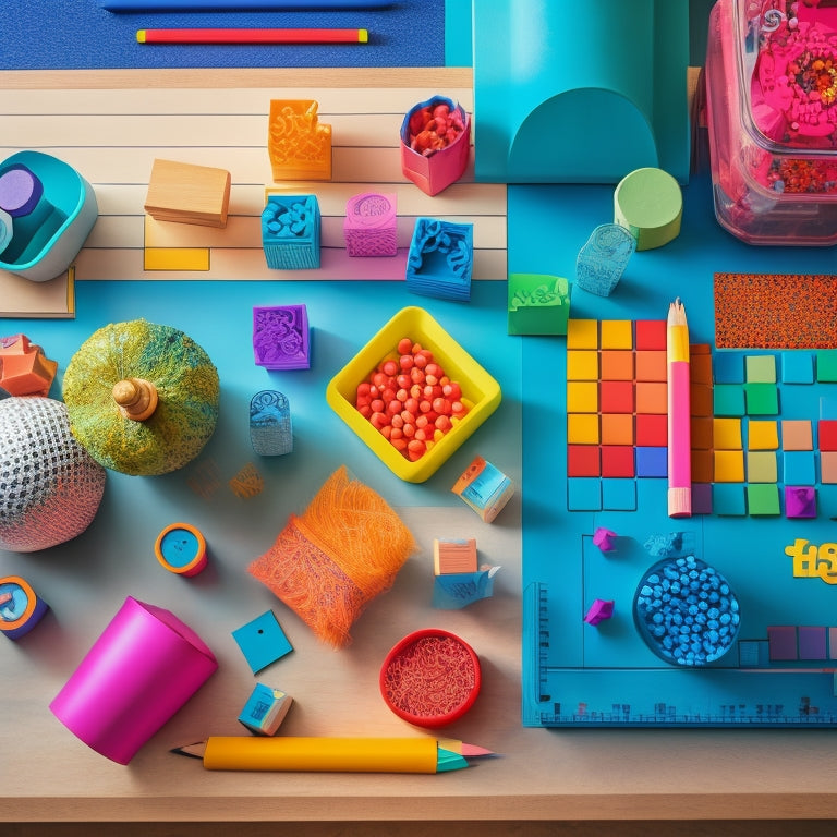 A colorful, clutter-free workspace with various Saxon Math 1 manipulatives, including base-ten blocks, pattern blocks, and measuring cups, arranged artfully amidst worksheets and a few strategically placed pencils.