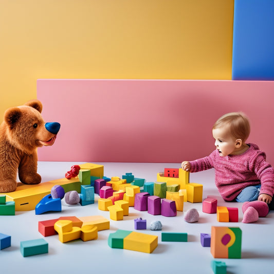 A colorful illustration of a joyful preschooler playing with shape-sorting blocks, surrounded by scattered number lines, counting bears, and a subtle background of math-inspired patterns and geometric shapes.
