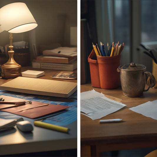 A split-screen image featuring a cluttered, dimly lit desk with crumpled papers and broken pencils on one side, and a tidy, well-lit desk with a laptop and organized notes on the other.