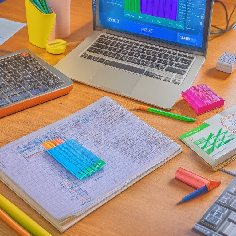 A bright, organized desk with a laptop, open math textbook, and scattered colorful pens, surrounded by a subtle grid of math problems and formulas in the background, with a faint graph paper texture.
