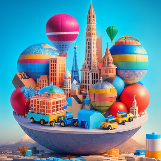 A colorful, dynamic illustration of a globe surrounded by building blocks of various shapes and sizes, with tiny toy trucks and cranes constructing a thriving cityscape.