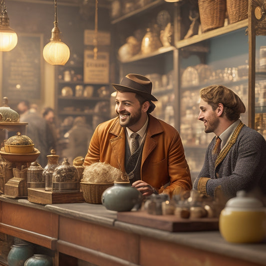 A warm-toned, bustling shop interior with a smiling shopkeeper, mid-conversation, leaning over a wooden counter towards a customer, amidst shelves stacked with eclectic, vintage treasures.