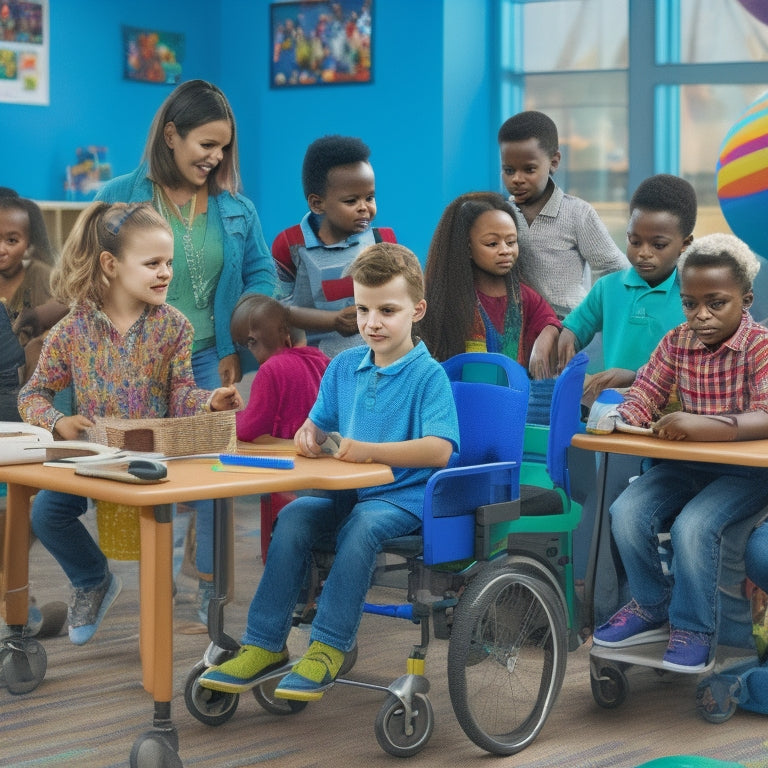 An illustration of a diverse group of children with varying abilities, engaged in different learning activities, surrounded by assistive technology, and supportive educators, amidst a colorful and inclusive classroom environment.