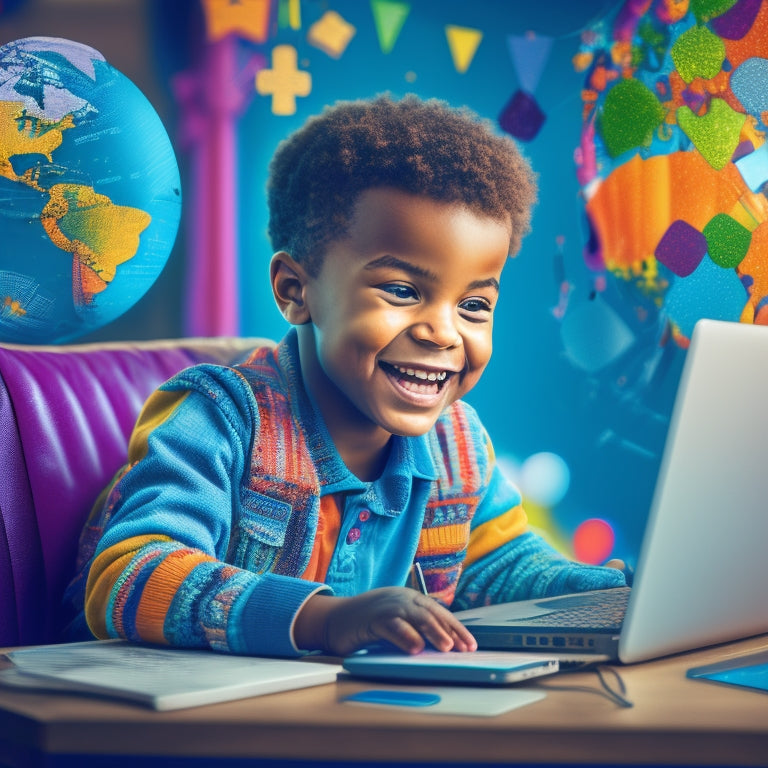 A colorful illustration of a smiling child sitting in front of a laptop, surrounded by coding symbols and icons, with a globe in the background, connected to multiple devices and screens.