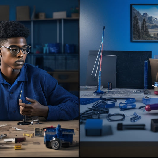 A split-screen image featuring a high school student surrounded by STEM toys and tools on a cluttered desk, juxtaposed with a minimalist background of formulas and diagrams on a blackboard.