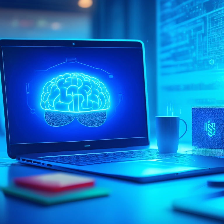 A futuristic, minimalist illustration featuring a glowing blue brain surrounded by orbiting digital icons (laptops, tablets, and smartphones) connected by sparkling neural networks and glowing pathways.