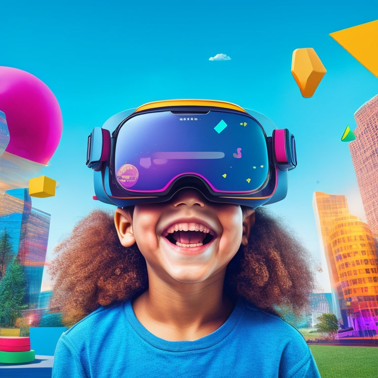 A colorful illustration of a smiling child wearing VR goggles, surrounded by floating math problems and shapes, with a subtle cityscape or futuristic background to convey innovation and technology.