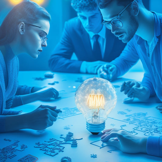 A stylized illustration of a teacher and students engaged in a math lesson, surrounded by interconnected gears, lightbulbs, and puzzle pieces, set against a bright blue background with subtle tech-inspired patterns.
