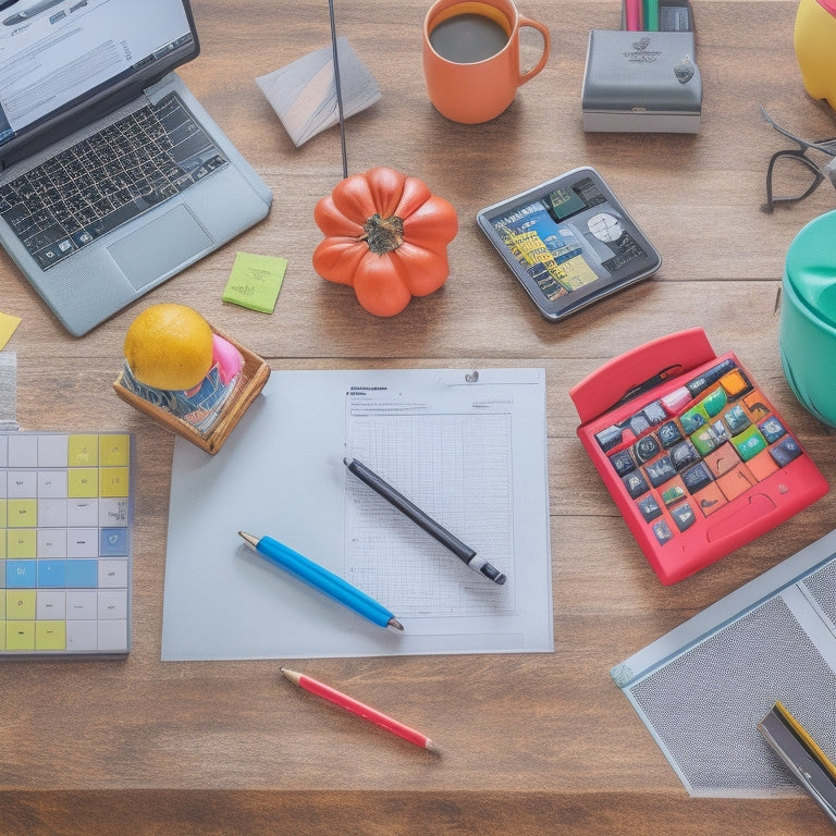 A colorful, clutter-free desk with a tablet and a laptop open to different math apps, surrounded by pencils, a calculator, and a few worksheets with math problems.