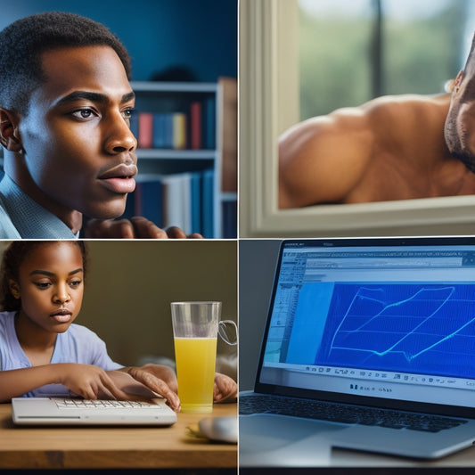 A split-screen image featuring a Mac laptop on the left with an open math software window displaying a 3D graph, and on the right, a student with a thoughtful expression surrounded by scattered math notes and a calculator.