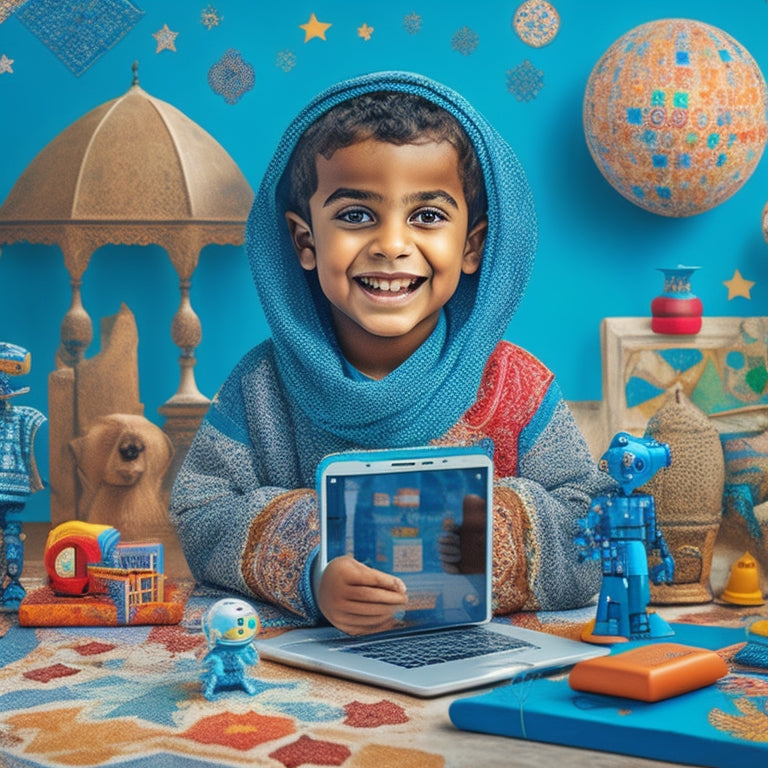 A colorful illustration of a smiling Arab child surrounded by interactive learning tools, including a tablet with Arabic apps, a 3D globe, and a robot, amidst a backdrop of Arabic-patterned tiles and stars.