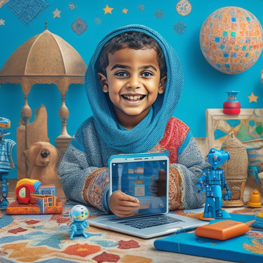 A colorful illustration of a smiling Arab child surrounded by interactive learning tools, including a tablet with Arabic apps, a 3D globe, and a robot, amidst a backdrop of Arabic-patterned tiles and stars.