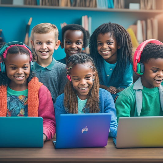 A colorful illustration of a diverse group of happy children aged 6-12, surrounded by laptops, tablets, and headphones, engaged in various online learning activities in their cozy home environments.