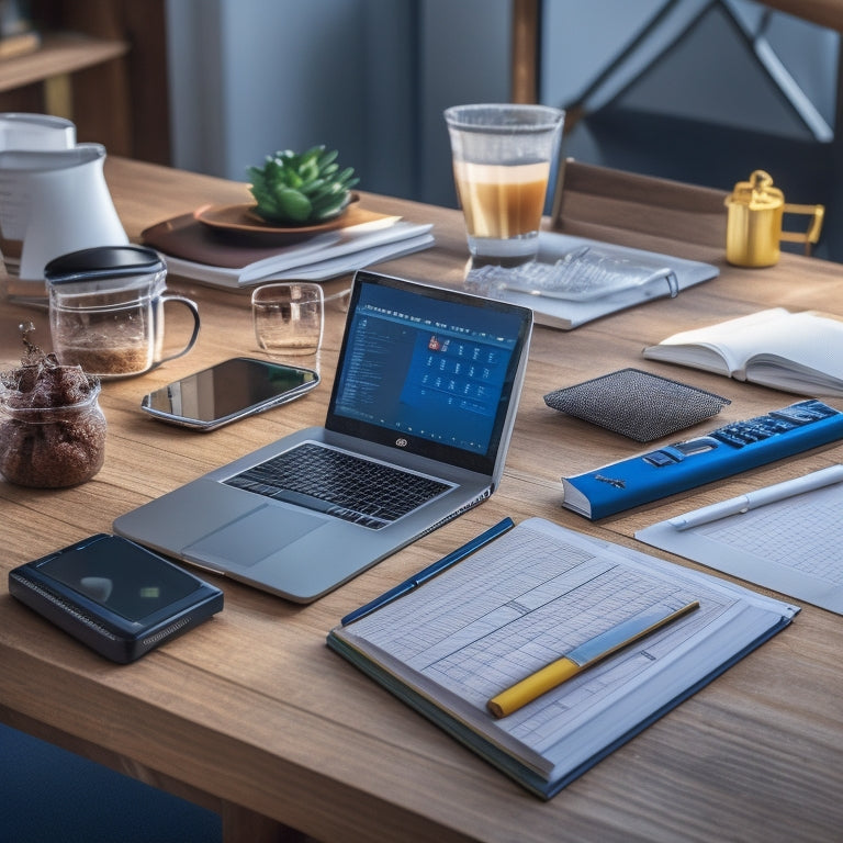 A desk with a laptop, tablet, and graphing calculator, surrounded by algebra textbooks, notebooks, and a cup of coffee, with a subtle background of geometric shapes and equations.