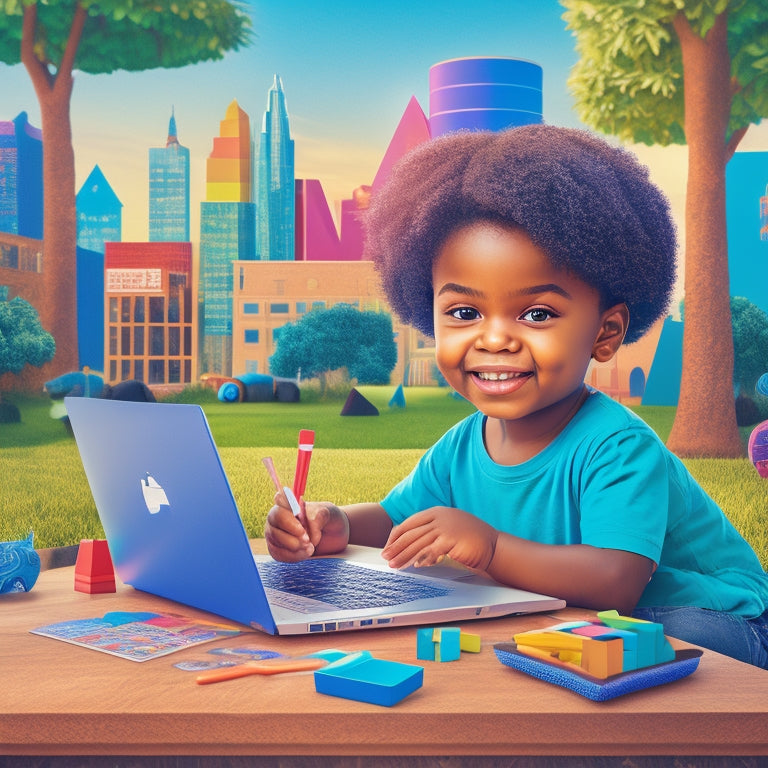 A colorful illustration of a happy 2nd grader sitting in front of a laptop, surrounded by math-related objects like blocks, counting bears, and a geometric shape puzzle, with a cityscape or park background.