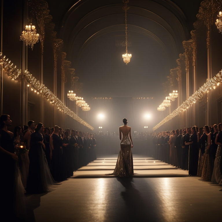 A glamorous, dimly-lit runway with a catwalk stretching into the distance, surrounded by velvet curtains and adorned with sparkling chandeliers, spotlights shining brightly on a parade of stylish models.