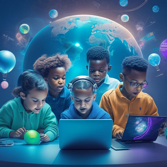 A futuristic, minimalist illustration of a diverse group of children surrounded by virtual globes, tablets, and laptops, with colorful, swirling brain waves and lightbulbs above their heads.