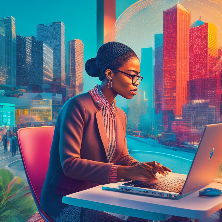 A colorful, digital illustration of a teacher sitting in front of a laptop, surrounded by diverse student profiles and notes, with a subtle cityscape background and creative, swirling patterns connecting the elements.