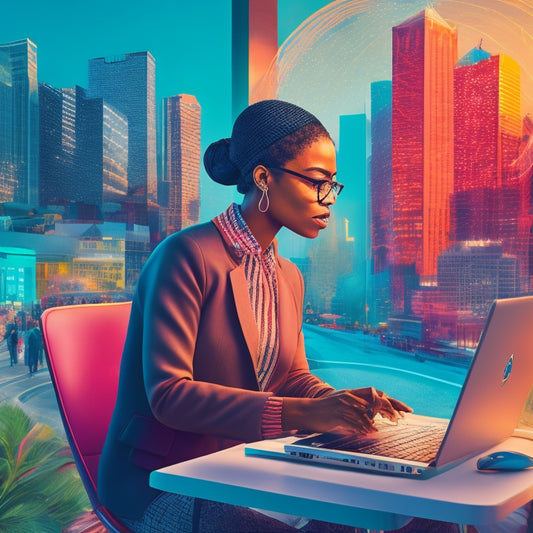 A colorful, digital illustration of a teacher sitting in front of a laptop, surrounded by diverse student profiles and notes, with a subtle cityscape background and creative, swirling patterns connecting the elements.