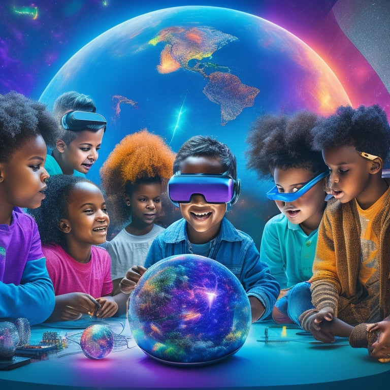 A colorful illustration of a diverse group of children aged 6-12 gathered around a holographic globe, surrounded by virtual reality headsets, microscopes, and tablets, with sparks and stars swirling around them.