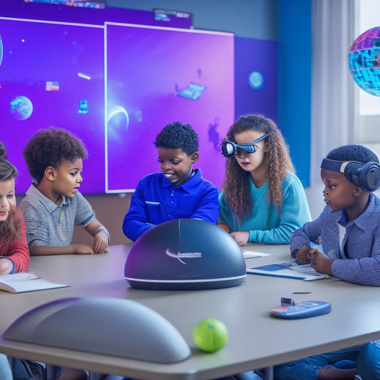 A vibrant, futuristic classroom scene with students of diverse ages and abilities gathered around interactive tables, virtual reality headsets, and collaborative screens, surrounded by colorful learning tools and props.