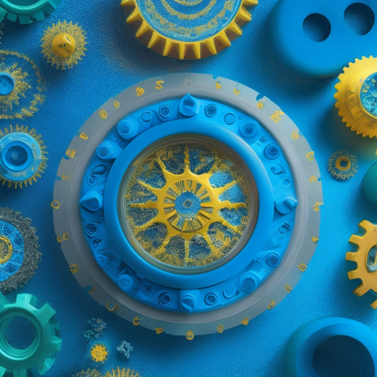 A vibrant, abstract illustration featuring interconnected gears, puzzle pieces, and lightbulbs, surrounded by swirling shapes in shades of blue, green, and yellow, evoking innovation and creativity.