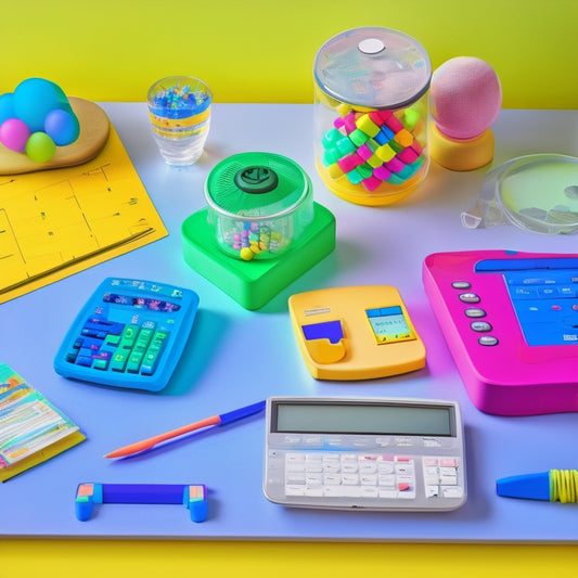 A colorful, clutter-free workspace with a dyslexic student's personalized math tools: a tactile number line, a set of rainbow-colored pens, a geometric shape puzzle, and a calculator with large buttons.