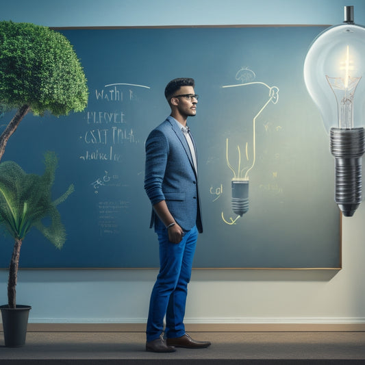 An illustration of a confident student standing in front of a giant, solved math problem on a blackboard, with a bright lightbulb above their head and a subtle, growing plant in the background.