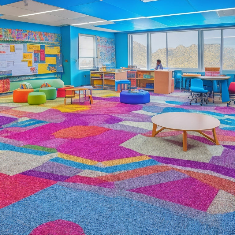 A vibrant, clutter-free classroom with colorful rugs, circular tables, and diverse students engaged in various activities, surrounded by innovative tools, gadgets, and interactive whiteboards.