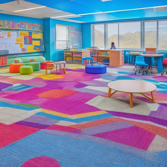 A vibrant, clutter-free classroom with colorful rugs, circular tables, and diverse students engaged in various activities, surrounded by innovative tools, gadgets, and interactive whiteboards.