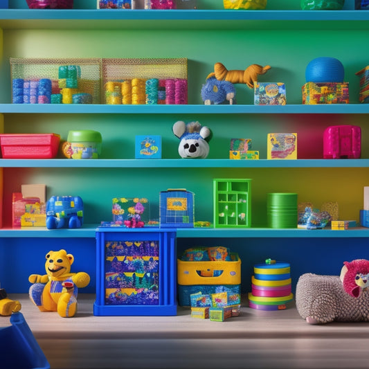 A colorful, clutter-free toy store shelf featuring the LeapFrog Count Along Register prominently in the center, surrounded by scattered toy coins, colorful blocks, and a few happy, playing children in the background.