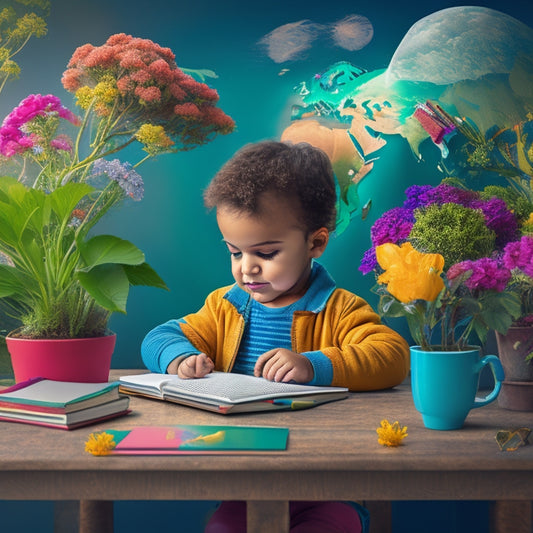 A colorful illustration of a happy, curious child sitting in front of a laptop, surrounded by books, pencils, and a globe, with a subtle background of a growing plant or blooming flowers.