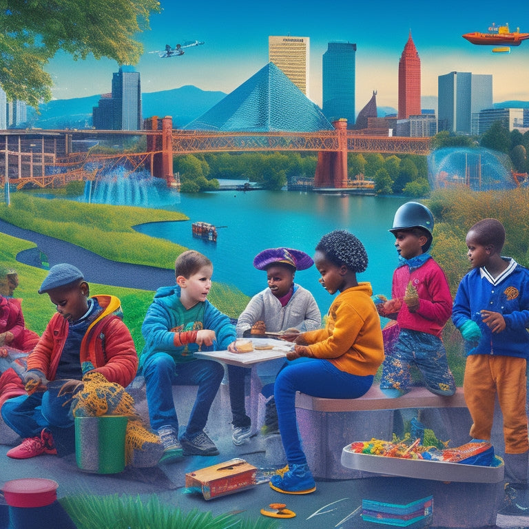 A vibrant illustration of diverse children and teens engaged in various activities: painting, robotics, outdoor adventures, and music performances, set against a stylized Portland cityscape background with iconic landmarks.