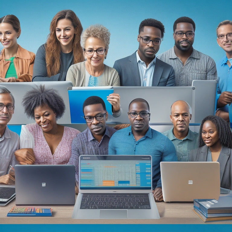A digital illustration depicting a diverse group of adults, each surrounded by math-related icons (e.g., calculators, graphs, equations), with laptops and tablets open to various online resources, set against a subtle grid background.