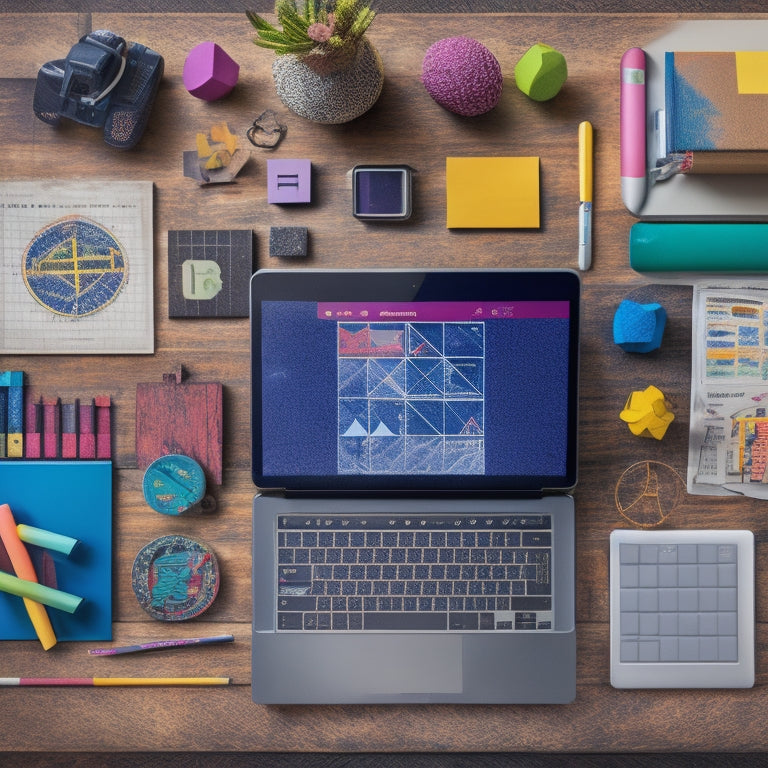 A colorful and organized digital collage featuring a laptop, tablet, and smartphone surrounded by various math symbols, shapes, and icons, with a subtle background of a child's study desk or bookshelf.