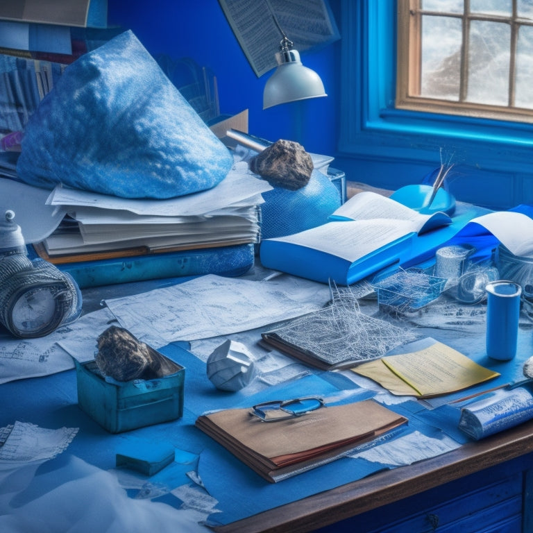 A messy, cluttered desk with scattered math textbooks, crumpled papers, and broken pencils, surrounded by swirling clouds of mathematical symbols and formulas in shades of blue and white.