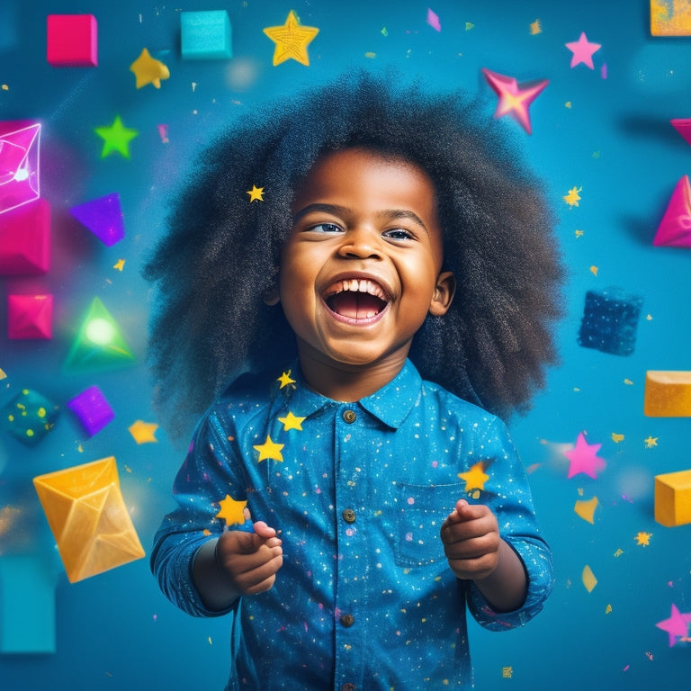 A colorful illustration of a smiling child surrounded by interactive math tools, such as virtual blocks, geometric shapes, and a touch-sensitive tablet, with confetti and stars exploding in the background.