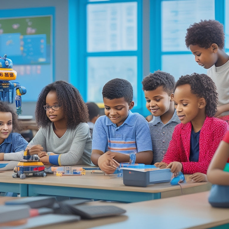 An illustration of a colorful, bustling elementary school classroom with students of diverse backgrounds gathered around laptops and robots, surrounded by coding blocks, wires, and robotic arms.