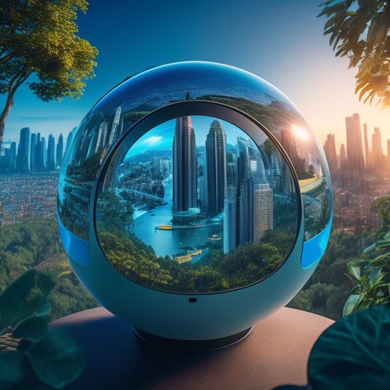 A futuristic, globe-shaped virtual reality headset surrounded by diverse, interactive 3D environments, including a bustling cityscape, a serene rainforest, and a futuristic laboratory, with glowing blue lines connecting them.