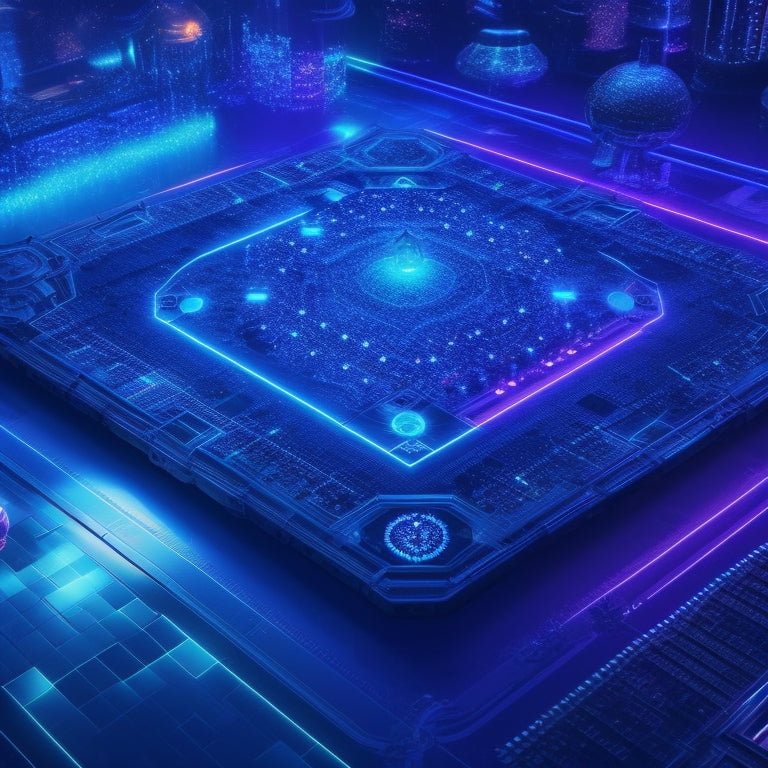 A futuristic, neon-lit game board with geometric shapes, swirling patterns, and glowing orbs, surrounded by sleek, metallic robots and circuitry elements, set against a dark blue, starry night sky.