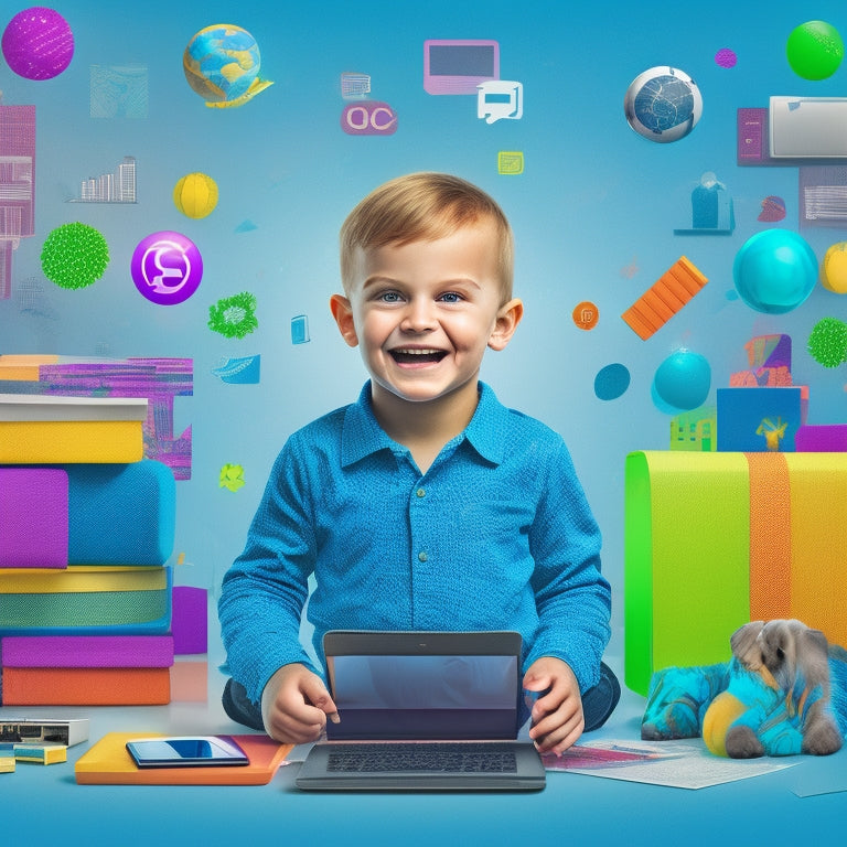 An illustration of a happy, curious child surrounded by floating tablets, laptops, and smartphones, with colorful educational icons, charts, and graphs emerging from the screens.