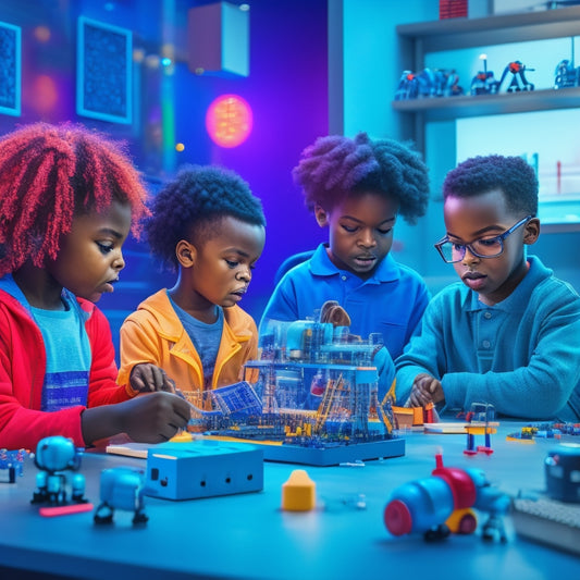 A futuristic, vibrant illustration depicting a diverse group of children building, coding, and experimenting with innovative STEM toys, surrounded by robots, coding blocks, and 3D models in a bright, modern laboratory.
