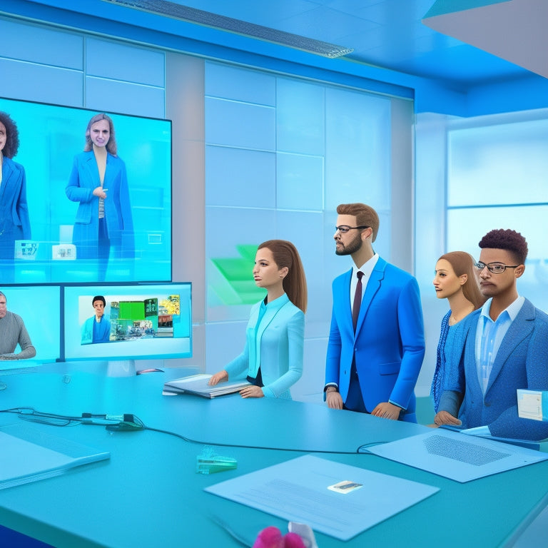 A futuristic, well-organized virtual classroom with diverse avatars of students and a teacher, surrounded by interactive whiteboards, virtual bookshelves, and collaborative tools, set against a calming blue background.