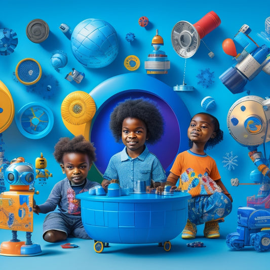 A vibrant, whimsical illustration of a diverse group of children from different cultures and abilities, surrounded by a kaleidoscope of innovative toys, robots, and educational gadgets, set against a bright, gradient blue background.